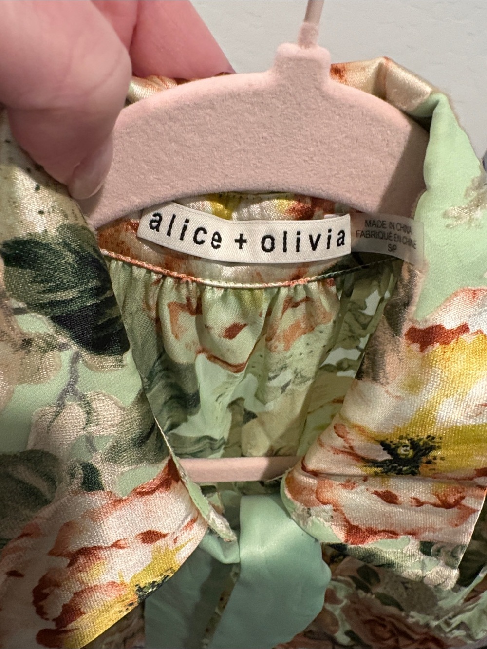 Alice + Olivia Mint Green Floral Tie-Neck Blouse - Picture 2 of 2